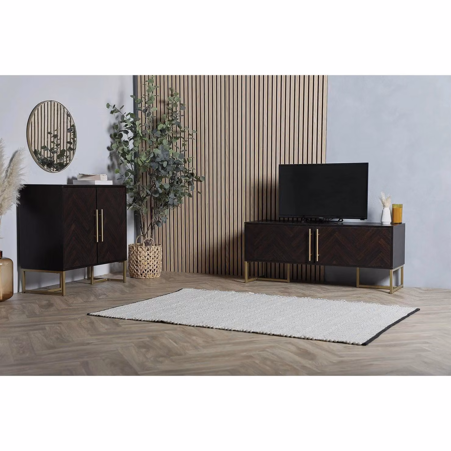 Spinningfield York Chevron Parquet Design 2 Door Sideboard Unit in Dark Brown with Gold Details W/D/H: 80 x 39 x 80 cm – 3