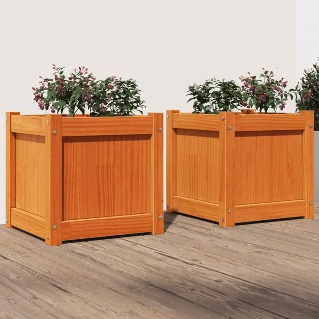 Berkfield Home Garden Wax Brown Solid Wood Pine Planter Tub, 2 Pack – 1