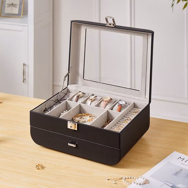 Livingandhome Solid Leather Jewellery Storage Box with Lid in Black