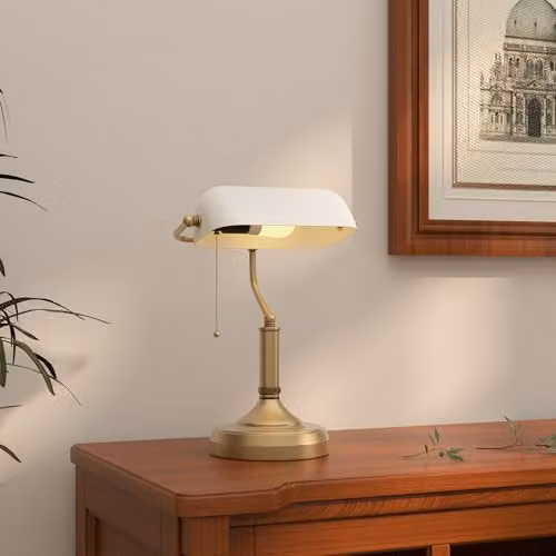 HOMCOM Vintage Banker's Table Lamp with Glass Shade in White and Bronze – 2