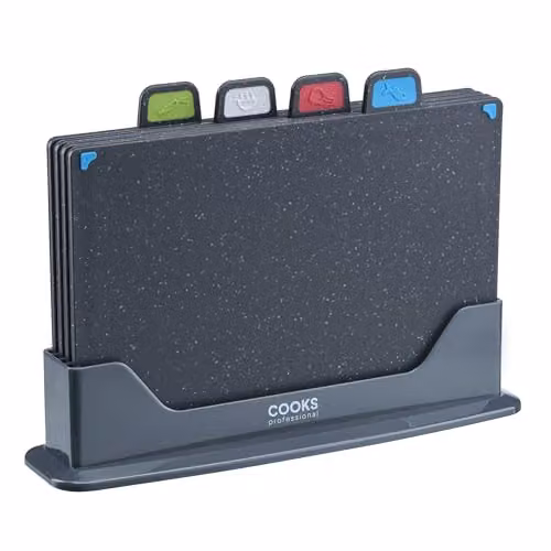 Cooks Professional Index 4 Piece Non-Slip Chopping Board Set with Stand in Dark Grey and Black – 2