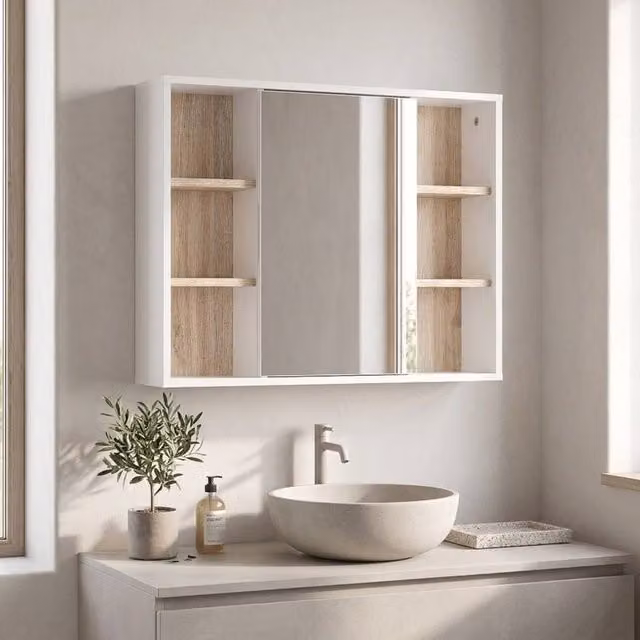 STILVORA White Wall Mounted Bathroom Mirror Cabinet with Internal Adjustable Shelves and Open Shelf Storage – 1