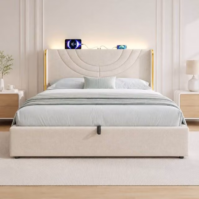 Merax King Size Upholstered Linen Storage Bed in Beige with LED Lighting and USB Charging Station, W/D/H: 160 x 200 cm – 1