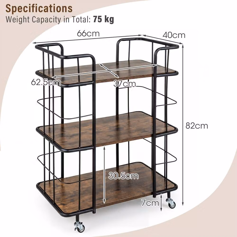 Costway 3 Tier Rolling Buffet Serving Bar Cart in Brown Industrial Metal – 2