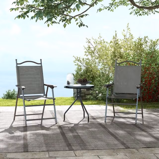 Outsunny Set of 2 Folding Chairs with Armrests and Breathable Mesh Seats in Dark Grey