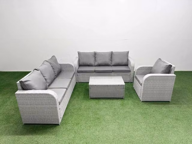 Fimous 7 Seater Poly Rattan Garden Furniture Set in Light Grey with 3 Seater Sofa, Reclining Chairs, Lounge Armchairs and Coffee Table