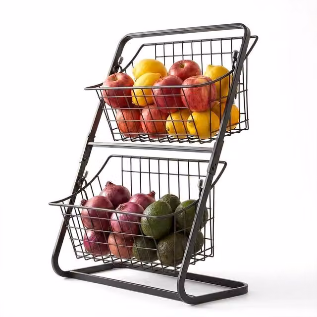 Nordara 2-Tier Metal Kitchen Fruit Basket in Black