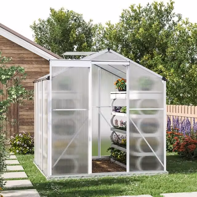 Livingandhome White Aluminium and Polycarbonate Freestanding Garden Greenhouse, W/D/H: 190 x 190 x 190 cm