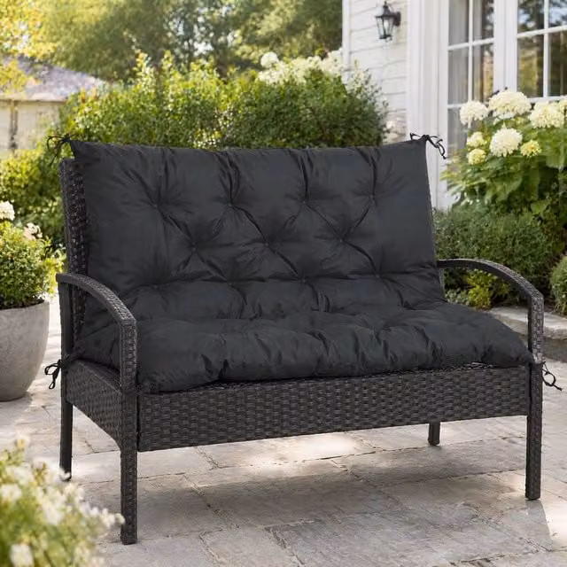 STILVORA Black Rectangular Bench Cushion with Back and Ties, W/D/H: 100 x 98 x 98 cm