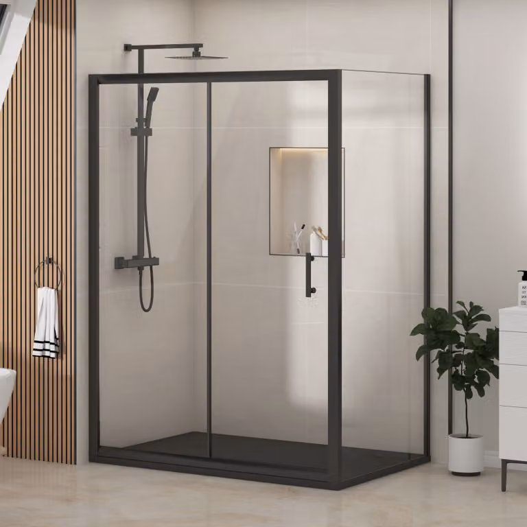 Royal Bathrooms Milan Sliding Door Shower Enclosure with Side Panel and Black Slate Effect Stone Tray, Matt Black, W: 140 cm, D: 80 cm, H: 185 cm, 6mm Glass