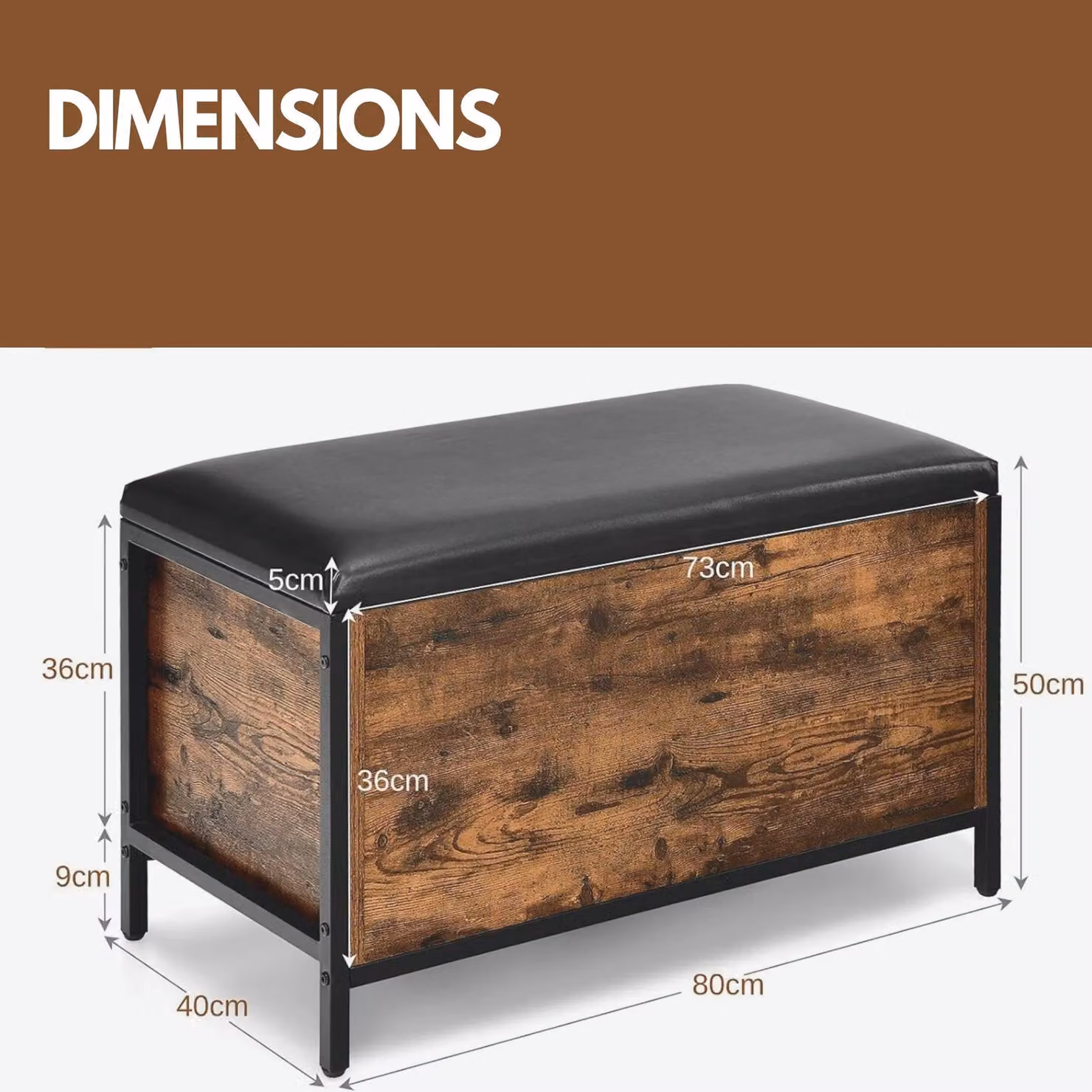 Rafaelo Mobilia Industrial Rustic Brown Shoe Storage Bench with Cushioned Synthetic Leather Seat and Hidden Storage – 3