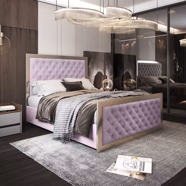 Emia Upholstered Velvet Metal Bed Frame in Pink, 180 x 200 cm