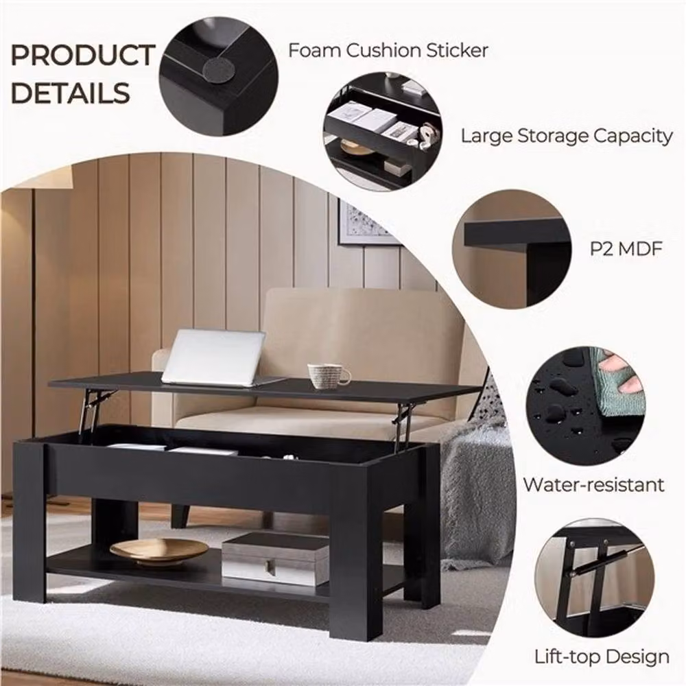 KORVIXA Modern Black Lift Top Coffee Table with Hidden Compartment and Open Shelf, W/D/H: 100 x 59 x 49 cm – 5