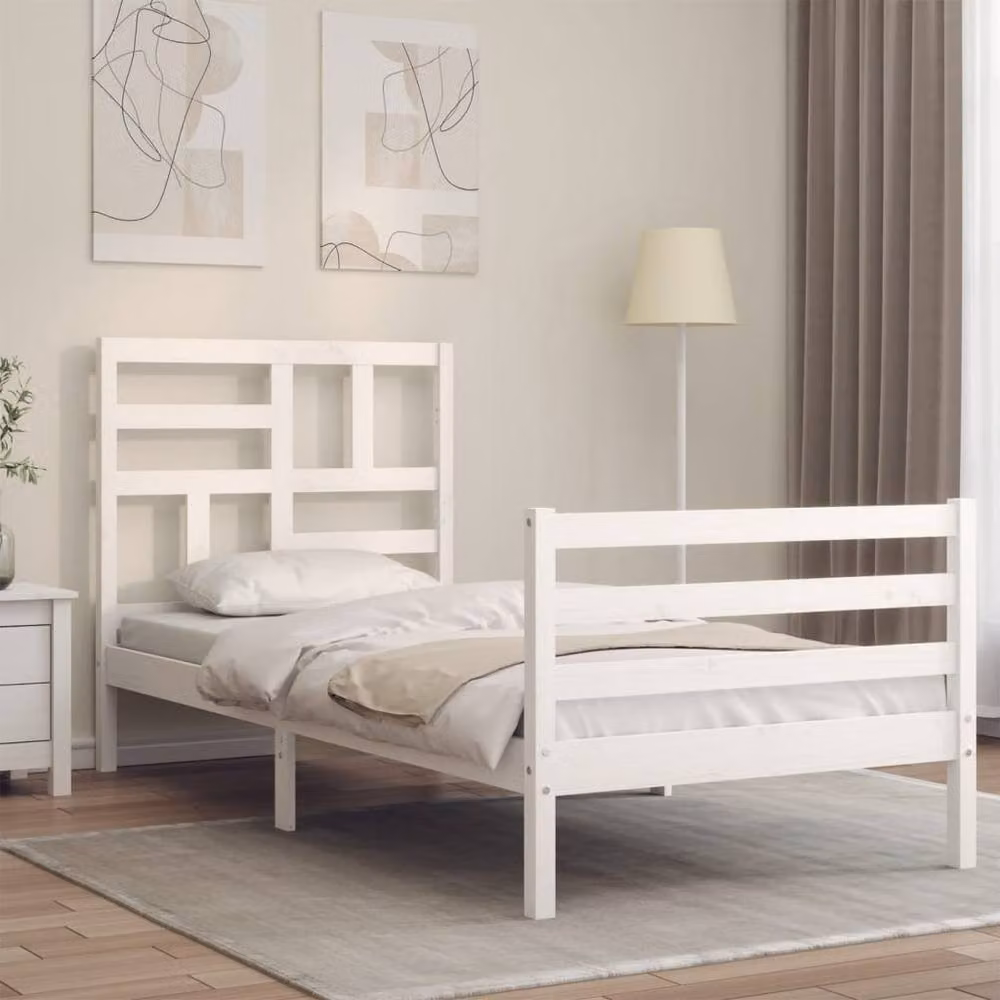 Berkfield Home Single Solid Pine Wood Bed Frame with Headboard in White – 2