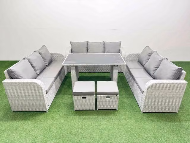 Fimous Modern Patio Garden Furniture Set in Light Grey with 2 Small Stools, Rattan and Metal with Glass Top