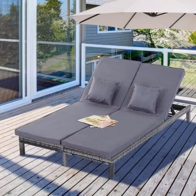 Outsunny Set of 2 Grey PE Rattan Sun Loungers with Metal Frames