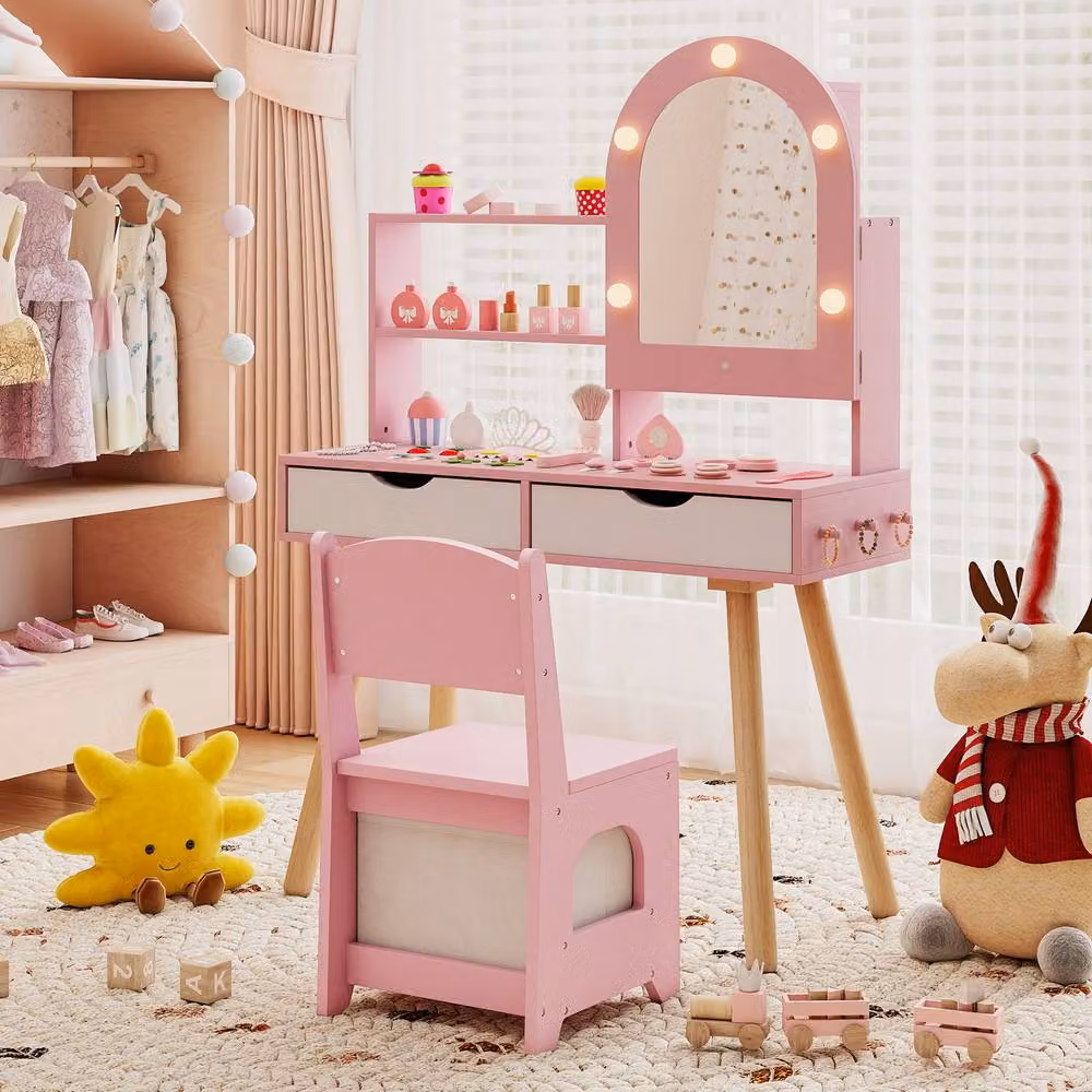 Gymax Pretend Play Dressing Table Set with 3-Colour Light Mirror and Cabinet in Pink – 2
