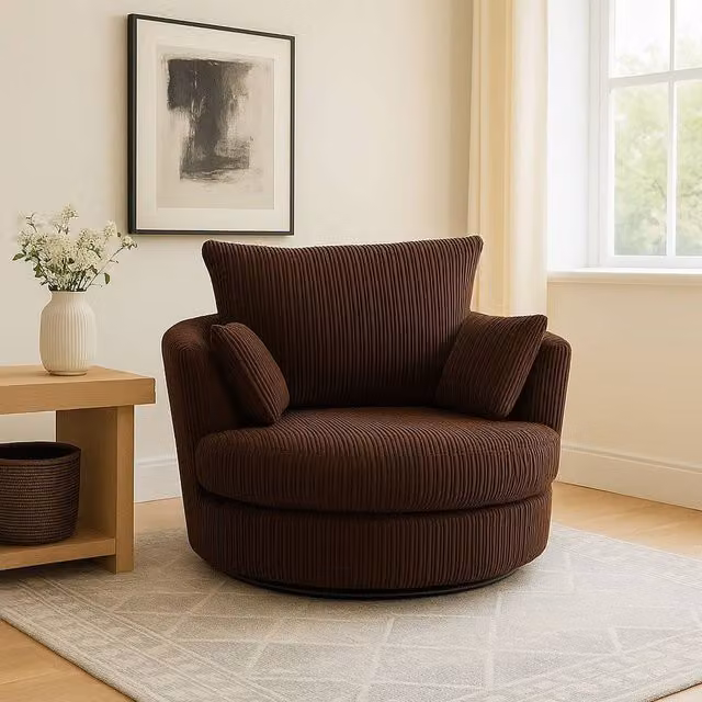 LUXURY LIFE Amalfi Dylan Chocolate Brown Jumbo Cord Fabric Swivel Tub Chair W/D/H: 75 x 100 x 105 cm – 1