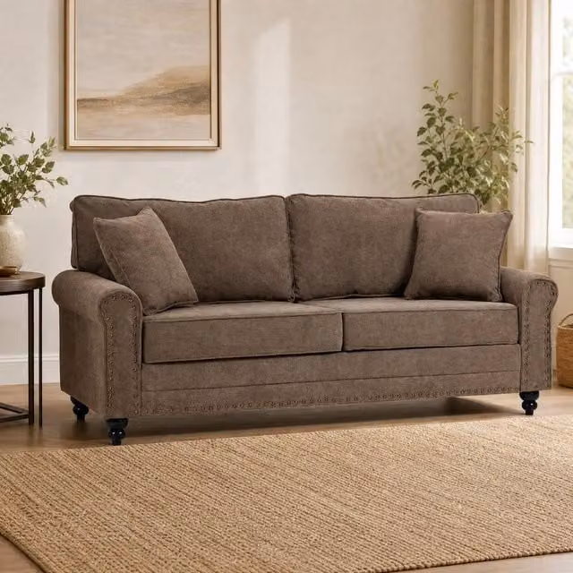 STILVORA 3 Seater Brown Fabric Upholstered Sofa with Wooden Legs and Scatter Cushions