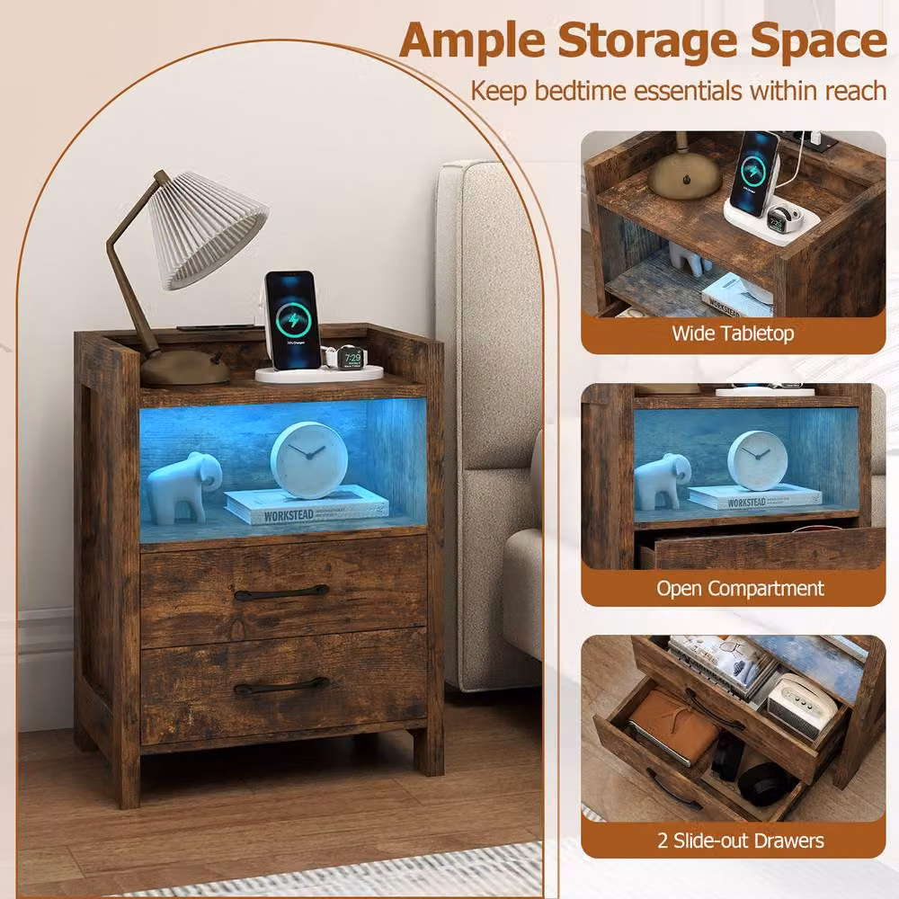 Gymax Modern Brown Nightstand with Integrated LED Lighting and Power Outlets – 5