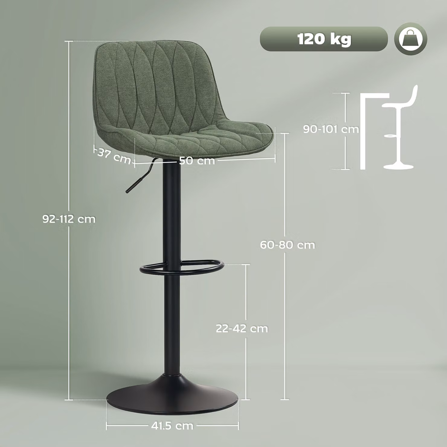 HOMCOM Set of 2 Adjustable Height Breakfast Bar Stools with 360 Degree Swivel and Green Linen Upholstery – 3