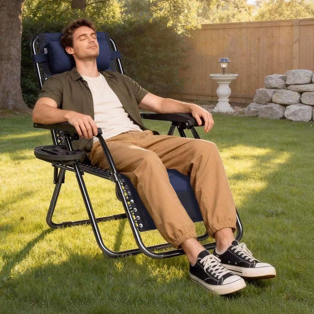 MCC Direct Set of 2 Zero Gravity Reclining Sun Lounger Chairs in Black and Blue Oxford Fabric – 10