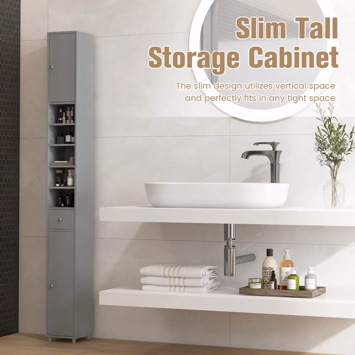 Gymax Slim Grey Bathroom Tall Linen Tower with 2 Doors and 1 Drawer – 6
