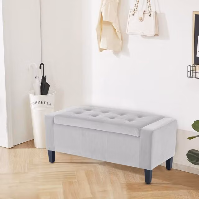 Home Republic Luna Velvet Ottoman Storage Bench in Silver