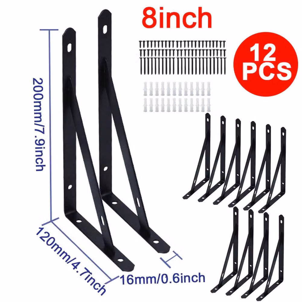 Kelvenix Heavy Duty L Shaped Wall Mounted Stainless Steel Shelf Brackets, Black, W/D/H: 20.0 x 12.0 x 12.0 cm – 2