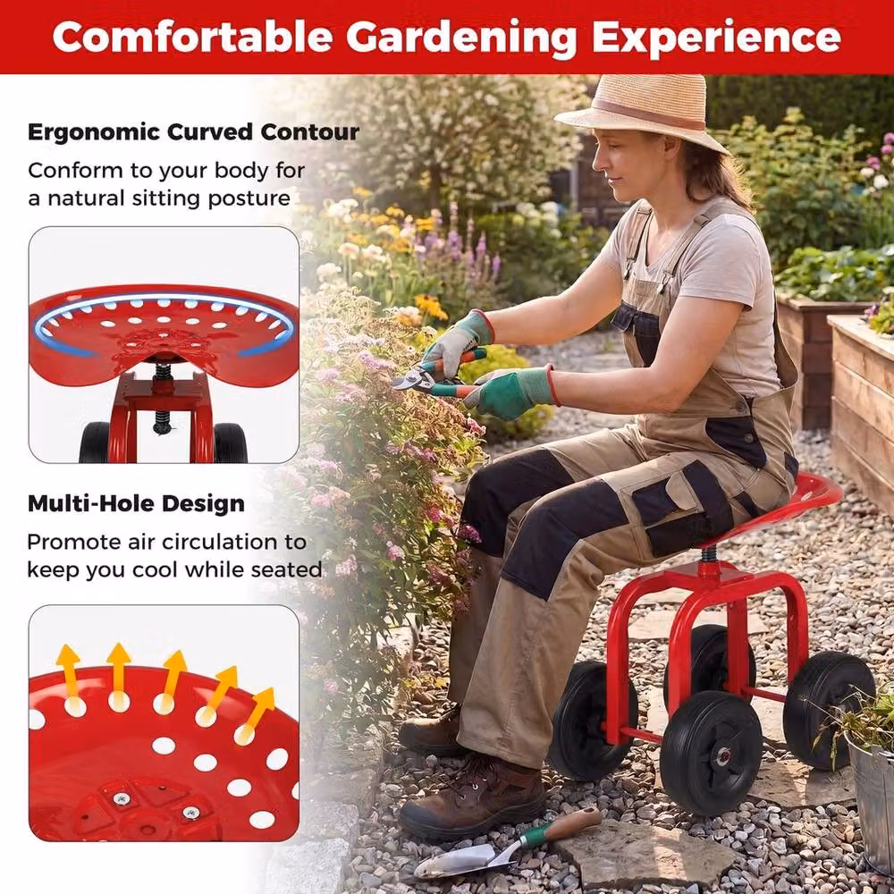 NESTLUNE Red Metal Gardening Stool Swivel Work Seat and Patio Scooter – 4