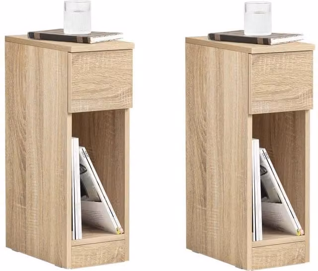 SoBuy Set of 2 Modern Slim Bedside Tables with Open Shelf and Drawer in Light Oak – 1