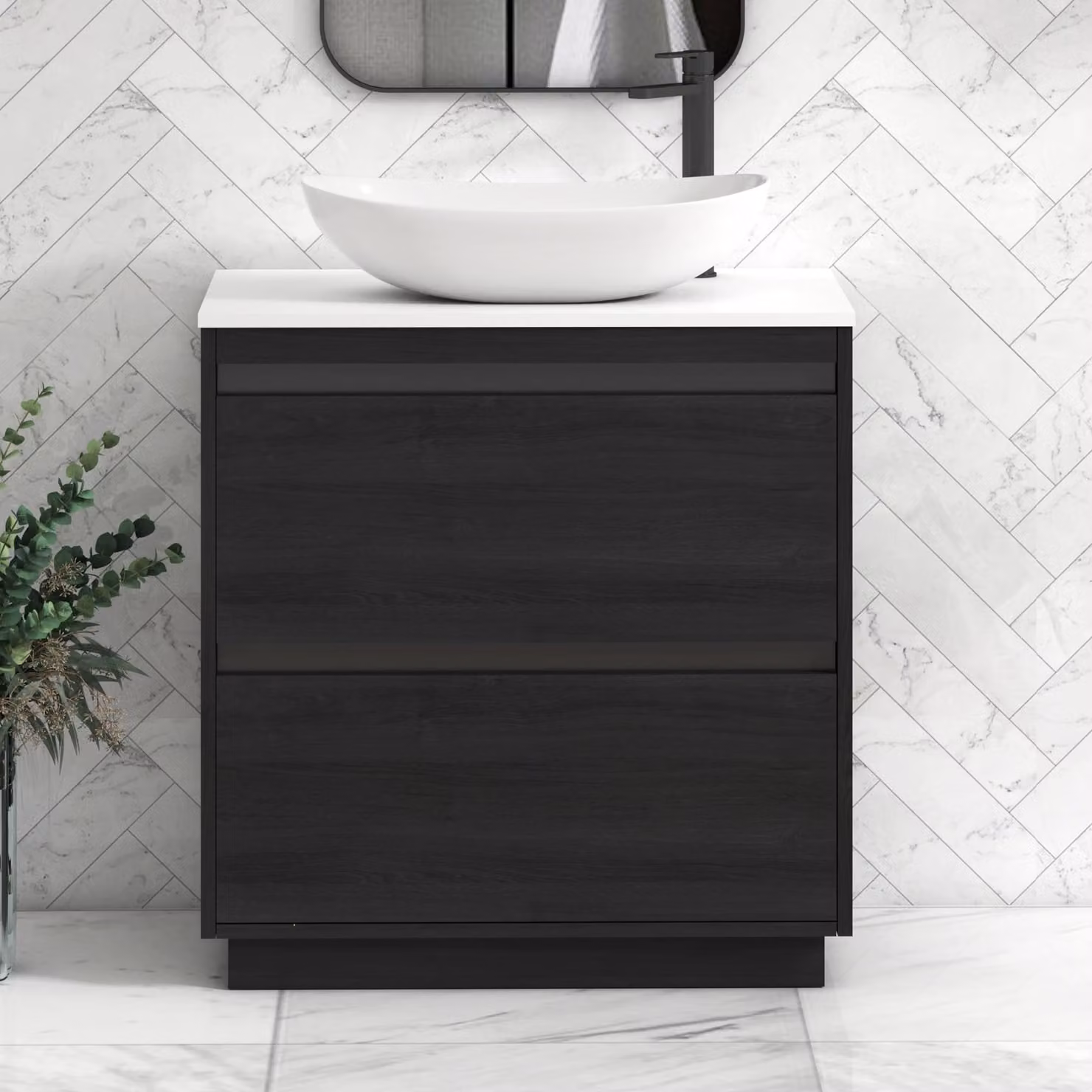 Royal Bathrooms Orion 800mm Hale Black Floor Standing Plain White Countertop Vanity Unit with 2 Drawers, Cesar Basin and Black Accent Trim