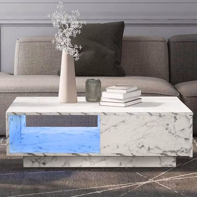 Comfy Living Modern White Marble Rectangular LED Coffee Table