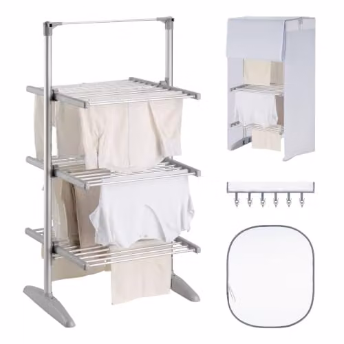 VonHaus Heated Clothes Airer, 3-Tier Electric Laundry Drying Rack in Grey and Silver – 1