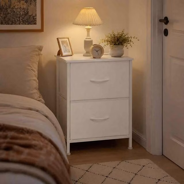 The Bazaarist Steel Bedside Table with 2 Drawers in Matt White