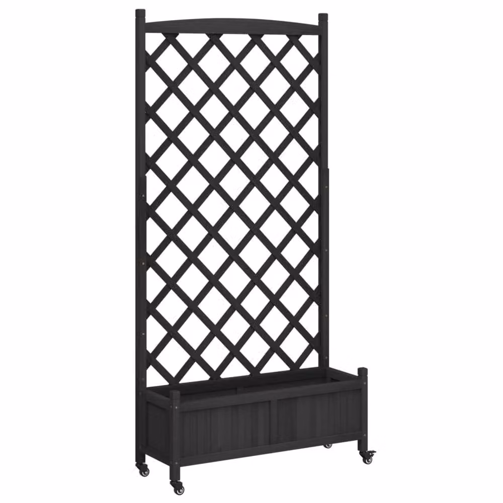 Berkfield Home Black Solid Fir Wood Planter with Trellis and Wheels – 2