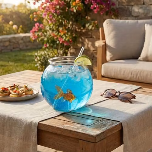 Bar Bespoke Goldfish Cocktail Bowl, 1L Transparent Yellow Borosilicate Glass with 3D Goldfish Sculpture – 1