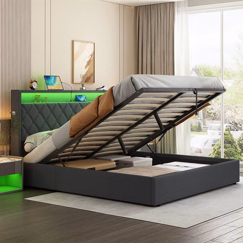 Rolipo Grey Double Ottoman Upholstered Bed Frame with LED Lighting and USB Charging Ports, W/D/H: 140 x 200 cm – 7