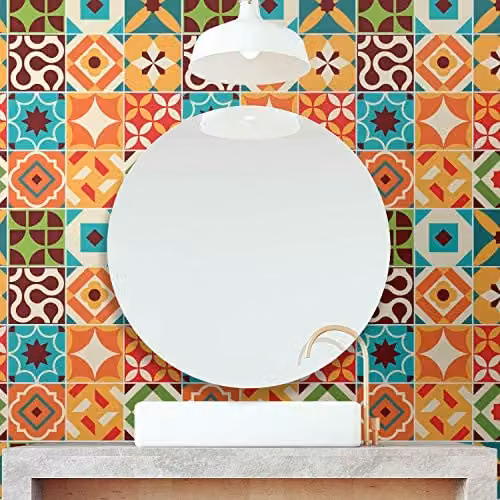 WALPLUS Ziggy Retro Geometric Tile Stickers, Multicolour Self Adhesive Waterproof Decals for Kitchen and Bathroom Splashbacks, 24 Pieces, W/D/H: 15 x 15 x 0.18 cm