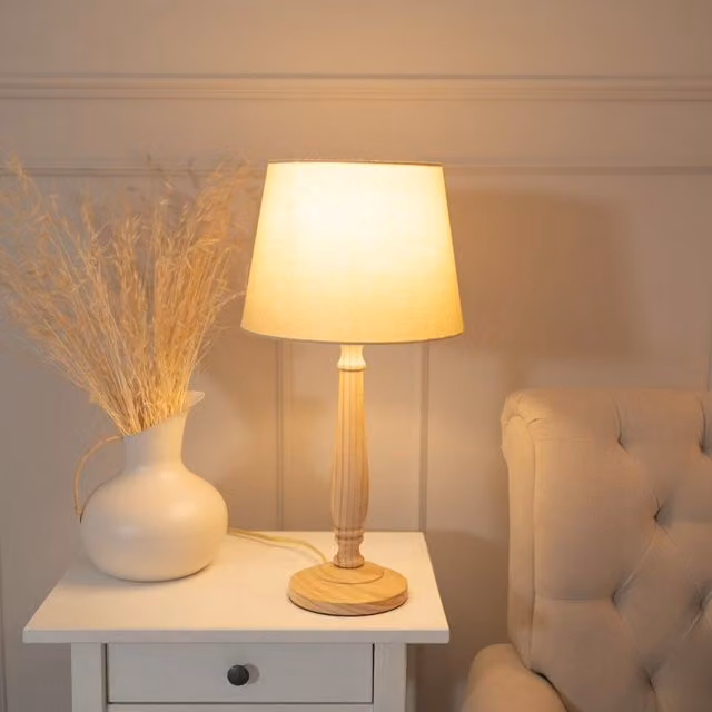 ValueLights Traditional Wood Candlestick Table Lamp with Beige Fabric Tapered Shade and LED Bulb