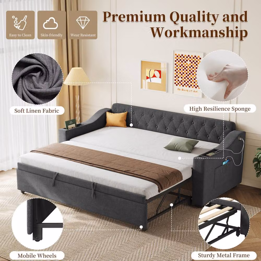 Matteo Grey Linen Upholstered 3ft Single Daybed with USB Charging Port, Side Compartments and Trundle, W/D/H: 90 x 190 cm – 6