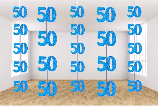 Shatchi 50th Birthday Hanging Paper Pennant String in Shine Blue