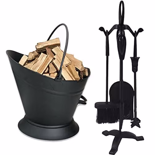 Almineez 5 Piece Fireside Companion Set with Waterloo Coal Bucket, Shovel, Brush and Poker in Black – 1