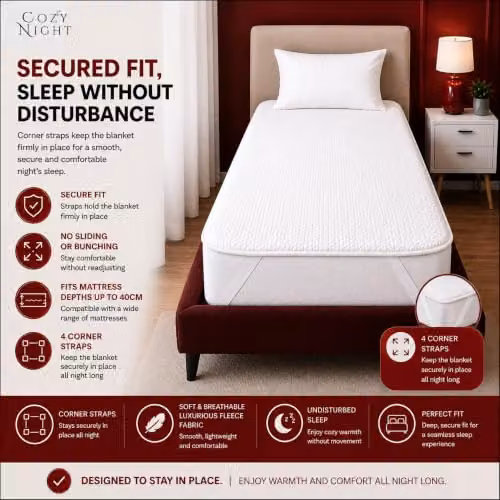 Cozy Night Single White Fleece Electric Blanket with Corner Elastic Straps, W/D/H: 90 x 190 cm – 3