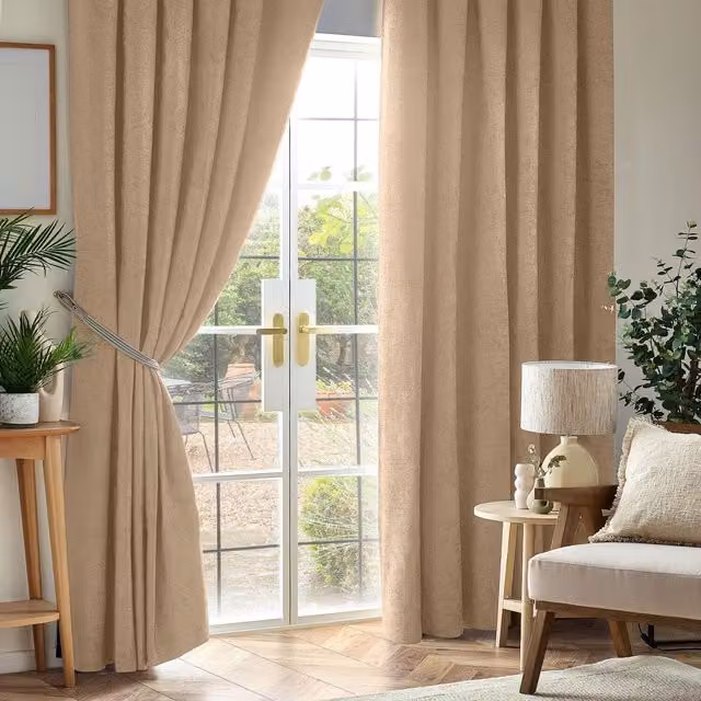 Livinluxury Beige Chenille Blackout Pencil Pleat Top Curtains, Height: 229 cm, Width: 183 cm