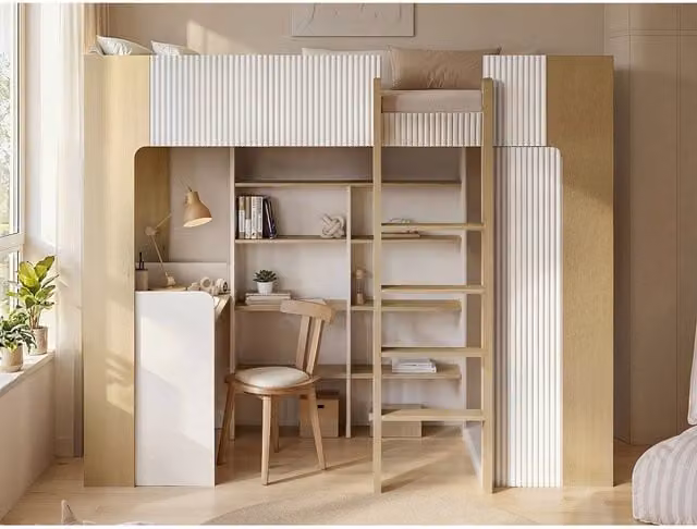 Flair Aeson High Sleeper Bed with Desk and Wardrobe in White and Oak