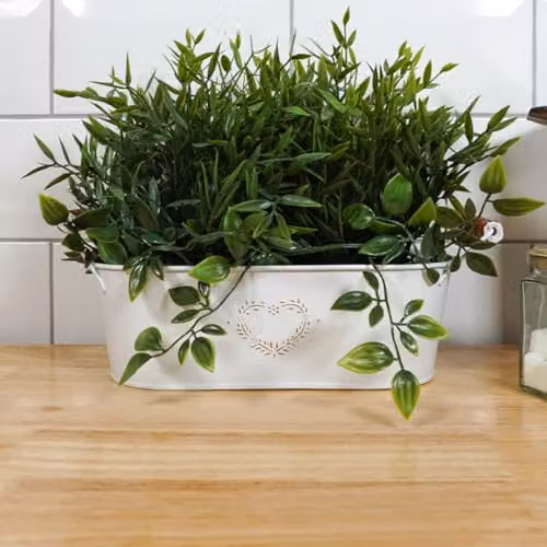 mysmartbuy White and Brown Metal Oval Planter for Indoor and Outdoor Ornamental, Herb, or Plant Gardens, H: 11 cm, W: 30 cm, D: 10 cm – 2