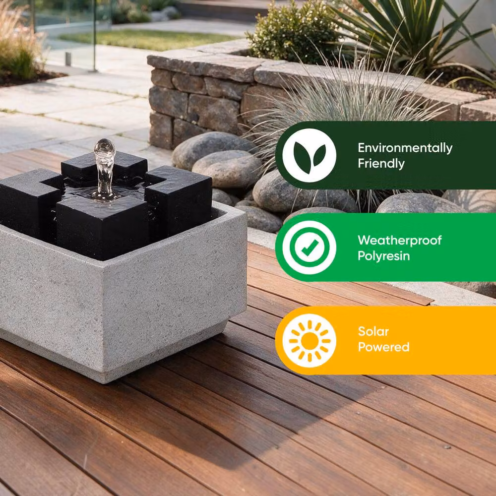 Gardenwize Solar Powered Square Tabletop Garden Water Fountain in Grey, W/D/H: 22 x 22 x 18 cm – 4
