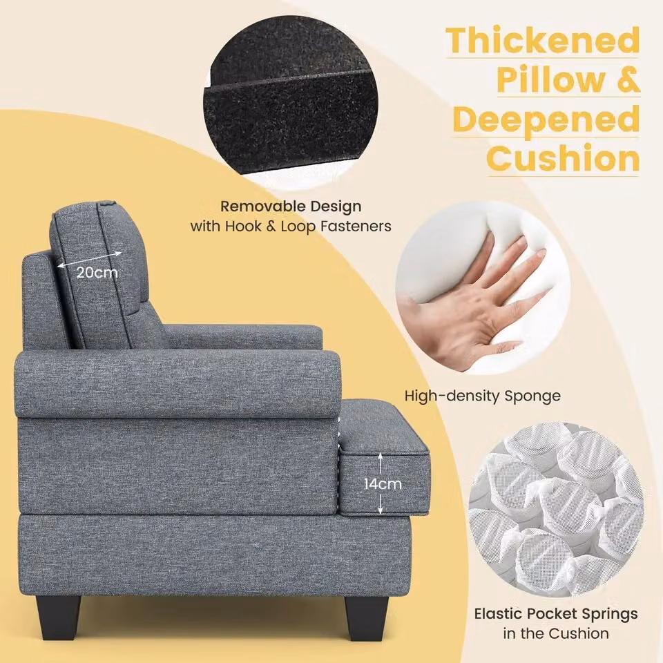 Costway Modern Accent Armchair in Grey, Tufted Upholstered Linen Club Chair with Extra Pillow – 3