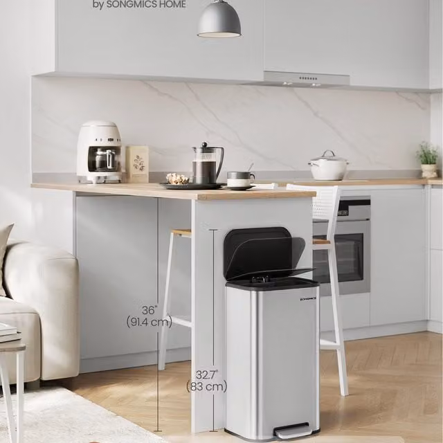 SONGMICS 30 L Stainless Steel Kitchen Pedal Bin with Soft-Close Lid and Removable Inner Bucket, Silver